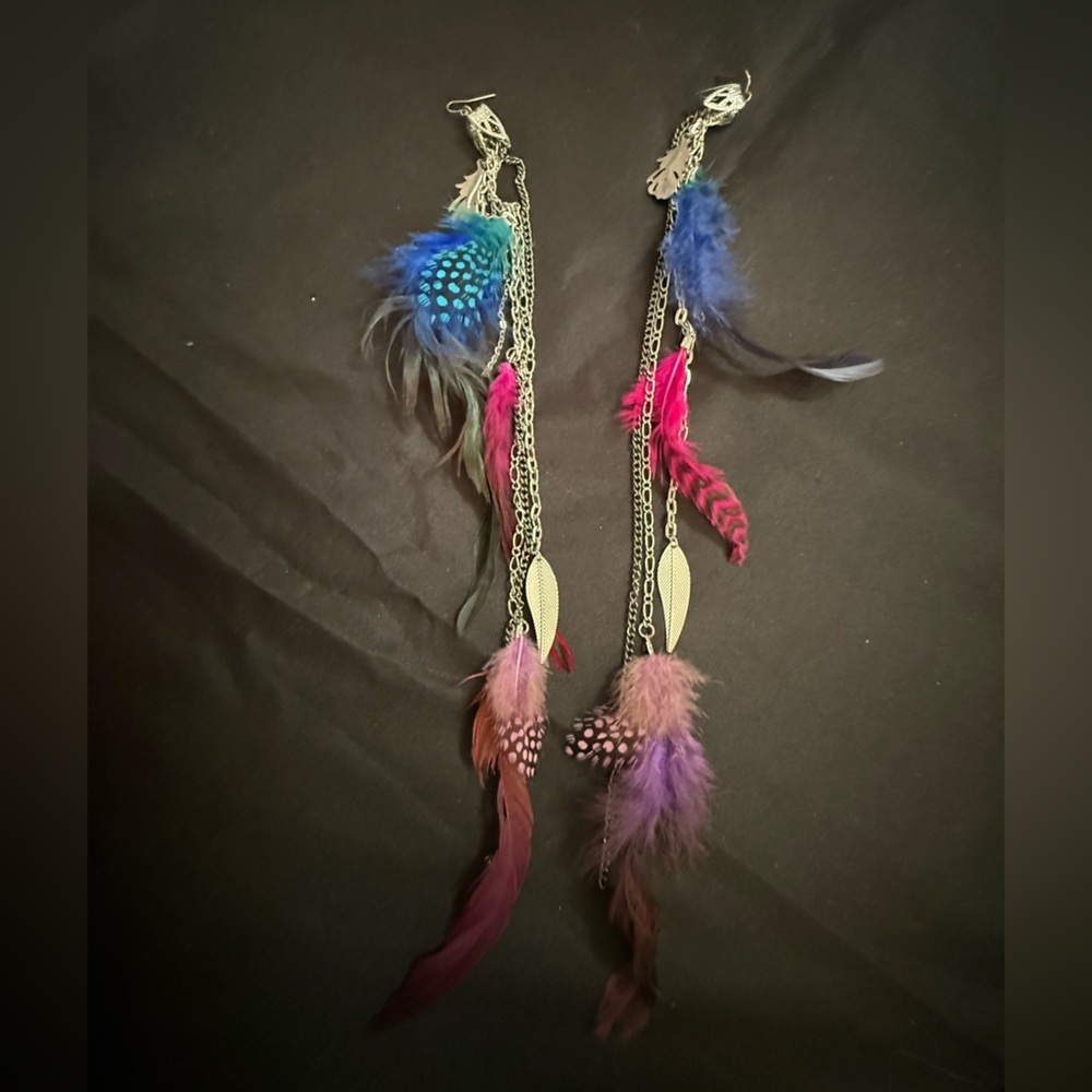 Boho Feather Dangle Earrings in Blue, Pink & Purple